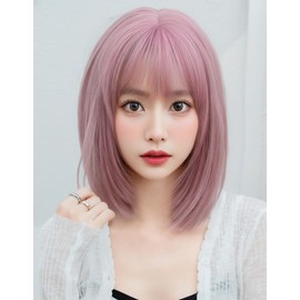 Ekienn Smoky Pink Short Bob Natural Straight Wig, Full Wig with Natural Look, Face-Slimming Effect, Cute Wig, Cosplay, Halloween, Party, Daily Use, Event, Photography, Harajuku, Fashionable