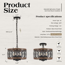 4-Light Farmhouse Drum Pendant Light,12.56'' Nature Wood Texture Vintage Rustic Chandeliers Black Metal Industrial Hanging Light Fixtures for Entryway, Bedroom Dining Room