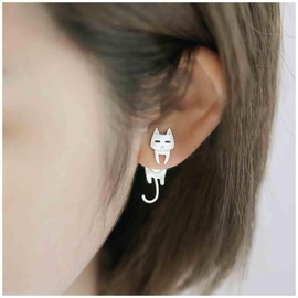Aneneiceera Boho Cat Ear Jacket Earrings Silver Cat Earrings Tiny Cat Stud Earrings Hanging Cat Cute Earrings Jewelry for Women and Girls (Silver)