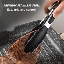 Kitchen Tongs with Silicone Tip Stainless Steel Heat Resistant for Cooking, Non-stick Pull Lock, Set of 2-7" and 9" Black