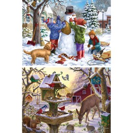 Bits and Pieces - Value Set of Two (2) 1000 Piece Jigsaw Puzzles for Adults - Each Puzzle Measures 20" x 27" - 1000 pc Snowman Snow Day, Sunrise Feasting Winter Jigsaws by Artist Liz Goodrick-Dillon