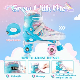 SULIFEEL Rainbow Unicorn 4 Size Adjustable Light up Roller Skates for Girls Boys for Youth Blue Large