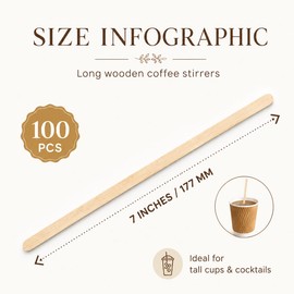 Wooden Coffee Stirrers 177mm (100 Pcs) | Disposable Eco Friendly Wooden Stirrer, Cocktail Sticks, Hot & Cold Drink Stirrers, Cocktail Stirrer, Long and Sturdy Craft Sticks for Tea, Coffee & Cocktails