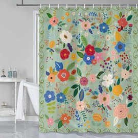 Floral Shower Curtain for Bathroom, Teal Green Flower Bath Curtains Watercolor Girls Shower Curtains Flowered Shower Curtain Sets with Hooks Pink Floral Bathroom Decor Pink Shower Curtain, 70X70IN