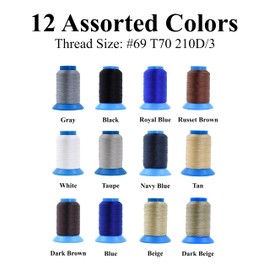 Mandala Crafts Tex 70 Bonded Nylon Thread for Sewing - 3600 YDs T70 Heavy Duty 12 Assorted Neutral Colors Nylon Thread Size 69 210 D Upholstery Thread for Leather Jeans Weaving