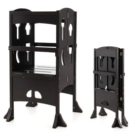 HONEY JOY Kitchen Step Stool for Toddlers, Children Wooden Standing Tower w/Safety Rail, Montessori Foldable Kids Learning Stool for Kitchen Counter(Coffee)