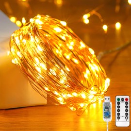 Ariceleo Fairy Lights 65.6 ft. 200 LED USB Twinkle String Lights - Silver Wire, Remote & Timer, 8 Modes, Waterproof, Warm White Starry Lights for Party, Wedding, Christmas (1 Pack)