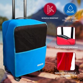 SHIVENTURES Durable Waterproof Luggage Cover Made With Neoprene - Elastic Sides For Compatible Fit, Fashionable Travel and Clear Plastic Identification, TSA Friendly Fits 19-27 Luggages (BLUE, 27)