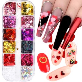 Heart Glitter Nail Art Sequins, 3D Sparkly Love Heart Nail Flakse Designs, 12 Colors Holographic Laser Big Small Hearts Nail Supplies for Women Manicure Sparkle Decorations, DIY Shiny Resin Nail Art