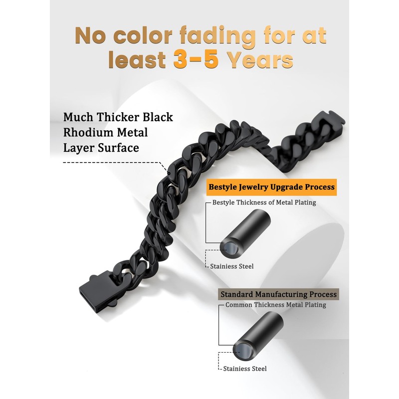 Bestyle Thick Black Cuban Link Chain for Men, Cubanas Cadenas