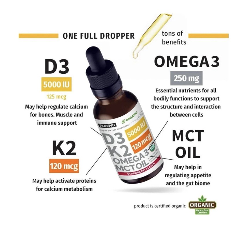 NUSAVA 2 Pack Organic Vitamin D3 K2 Drops 5000 IU