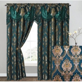 GOHD Luxe Love. Jacquard Window Curtain Panel Drape with Attached Fancy Valance. 2pcs Set. (Hunter Green, 54" Wide x 96" Drop with 18" Valance x 2pcs)