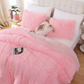 Smoofy Faux Fur Pink Comforter Set King Size 3Pcs Fluffy Fuzzy Plush Comforter Set Cute Soft Shaggy Velvet Double-Sided Bedding Set (1 Faux Fur Comforter + 2 Faux Fur Pillowcases)