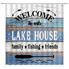 KDYDK Rustic Lake Cabin Shower Curtain Lake House Camping Inspirational Quotes Farmhouse Vintage Wooden Barn Door Country Decor Bathroom Curtain with Hook
