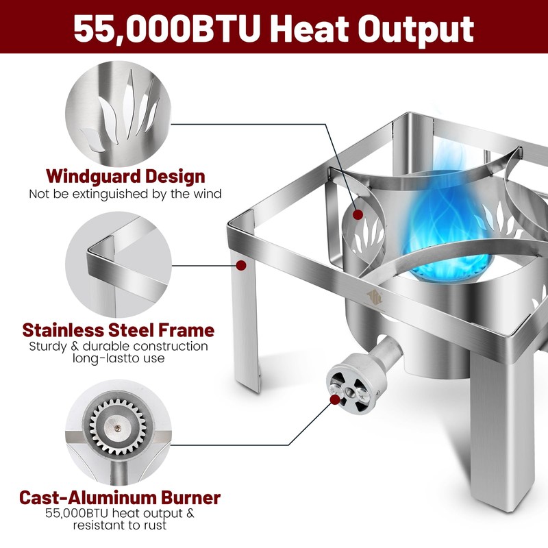 ARC Portable Stainless Steel Propane Burner,55,000BTU Camping Stove Gas Burner