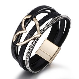 Fuqimanman2020 Punk Multilayer PU Leather Love Heart Shape Wide Wrap Bracelet Crystal Mutual Clasp Bangle Wristband Cuff Armband for Women Men Lover Velentine's Day Wedding Jewelry-B