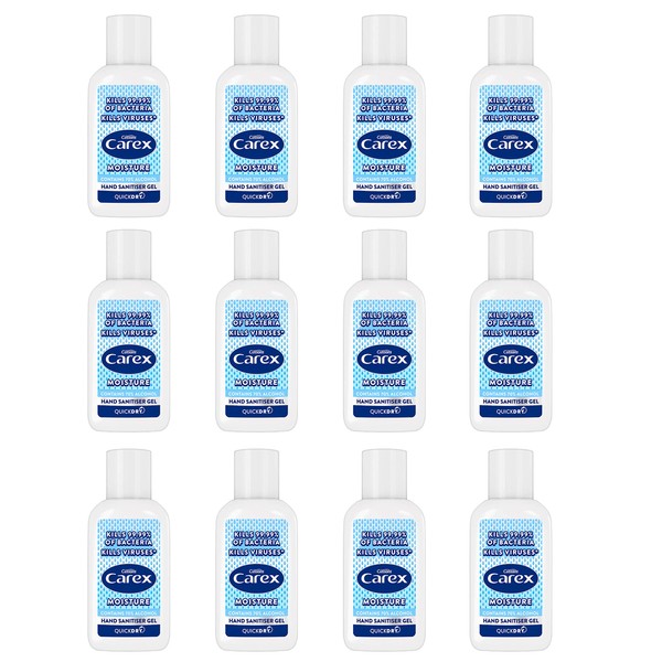 CAREX Moisture Anti Bacterial Hand Sanitiser Gel Pack of 12, with Anti Viral Action* Hand Gel with 70 Percent Alcohol that Cleans, Cares and Protects, 50 ml