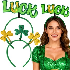 St. Patrick's Day Plaid Bow Headbands, 2 Pieces, Green Glitter, Lucky Shamrock Clover Hair Accessories for Women Girls, Irish Holiday Party (Shiny bow tie)