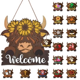 Highland Cow Front Door Decorations - Interchangeable Welcome Sign for Front Door with 15 Set Changeable Icons for Seasons Holiday Thanksgiving Christmas Door Decor
