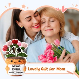 MAMAGIFTREE Mother's Day Crochet Heart Flower Pot with Message Card for Your Love Mom, Mother-in-Law, Sentimental Gifts for Mom from Daughter Son, Present Ideas for Mama Bonus Step Mothers, Birthday