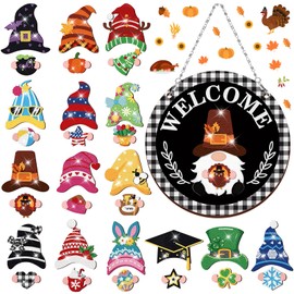 Qunclay 31 Pcs Diamond Painting Magnetic Interchangeable Gnome Sign DIY Holiday Seasonal Gnome Wooden Welcome Hanging Front Door Home Party Wreath Decoration with Magnet Detachable Hat and Hand