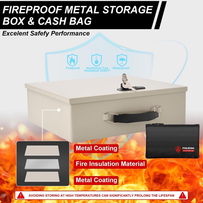 Fireproof Document Box with Combination Lock,Fireproof Money Bag Included-Secure Storage