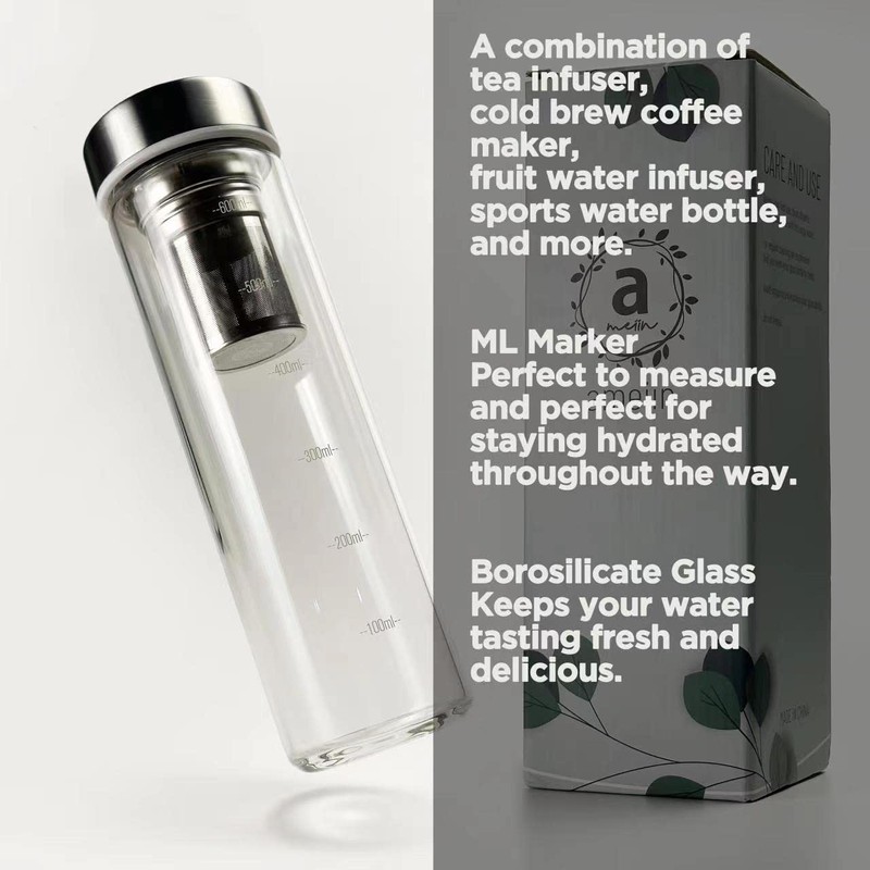 23oz Borosilicate Glass Water Bottles with Stainless Steel Lid -