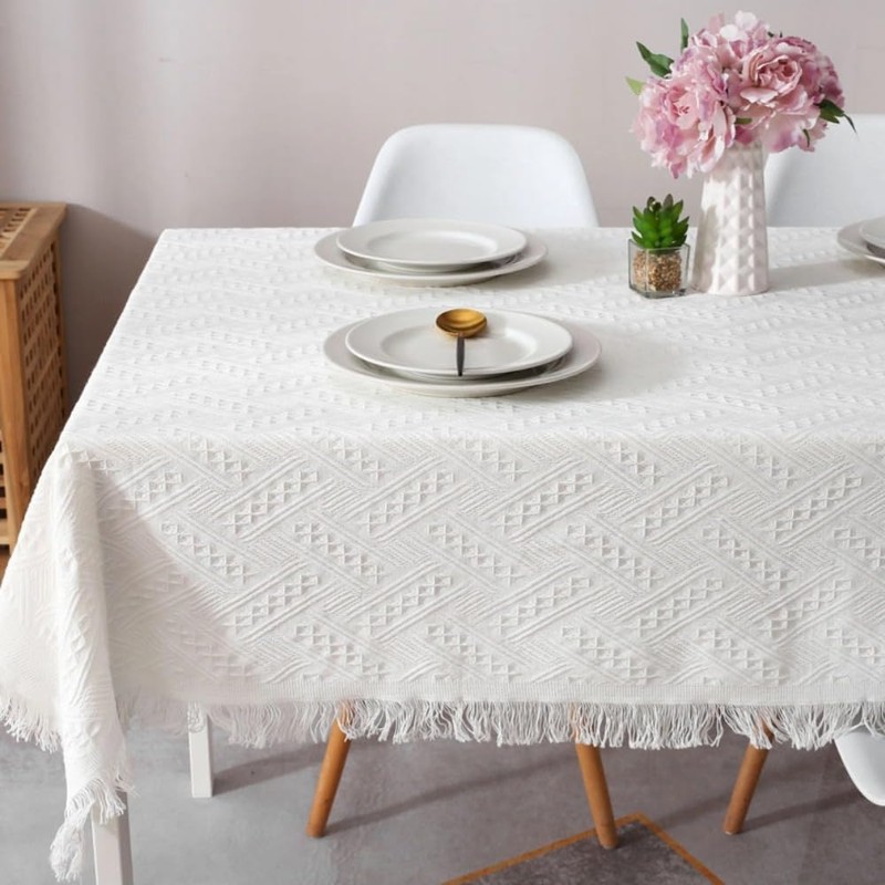 Itisyou Tablecloth Knitted Tablecloth White Knit Tassel Tablecloth Table Cloth