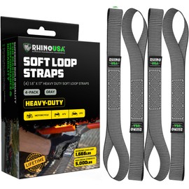 Rhino USA Soft Loop Tie Down Straps (4-Pack) - 1.6 Inch x 17 Inch (5,000 lbs Break Strength) Heavy Duty Motorcycle Straps for use with Ratchet Straps - Handlebar Straps for ATV, UTV, Dirt Bike (Gray)