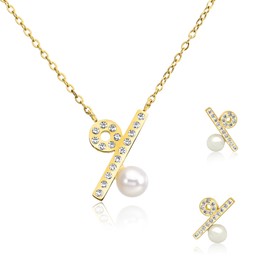 GLOSSET Gold Pearl Necklace and Earring Set, 18K Gold Plated Cubic Zirconia Earrings and Necklace Set for Women, Dainty Freshwater Pearl Jewelry Set for Women Gift, Medium Length, 18K Gold Plated