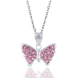 JennyWrenJewels Children’s Jewellery | Girls & Kids Sterling Silver Crystal Butterfly Necklace | Pendant & Gift Bag (Pink, 16)