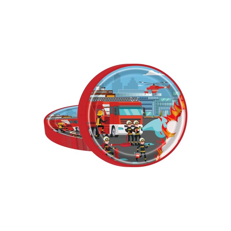 MORAINJAY 16 Piece Fire Engine Paper Plates Birthday Decoration Set,