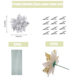 Leixi 12Pcs Poinsettia Flower Artificial Pointsettia with Clips Christmas Decor Glitter Poinsettia Christmas Ornaments Tree Flower Decor with Stems DIY Xmas Wreath Holiday Party Decor (Sliver)
