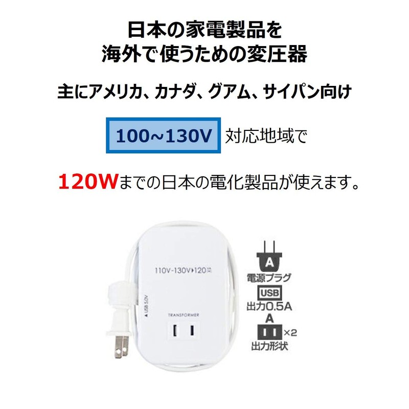 カシムラ 海外用薄型2口変圧器 USB 110-130V/120VA NTI-113