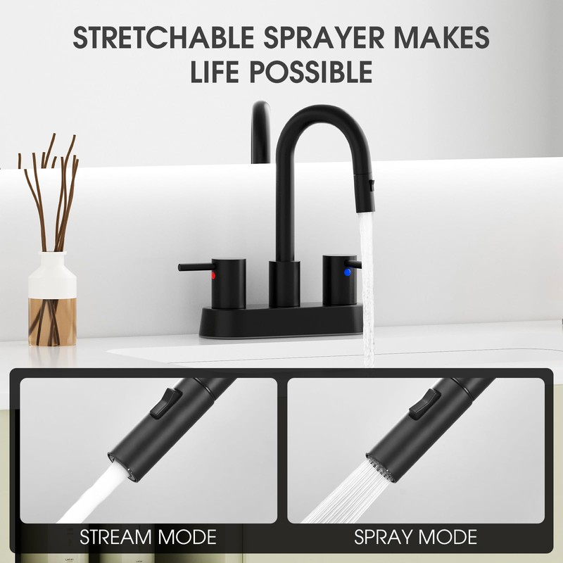 NOHALIPY Stainless Steel Matte Black Bathroom Faucet with Pull Out