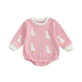 ZAXARRA Baby Girl Romper Long Sleeve Round Neck Goose Embroidery Stripes Bodysuit Fall Outfit (Pink, 6-12 Months)