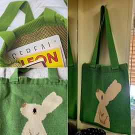 cute bunny tote bag, crochet green tote bag for women, small knitted bag aesthetic boho shoulder bag handbag, kawaii funny bunny graphic bag, green gifts stuff things for women ﻿
