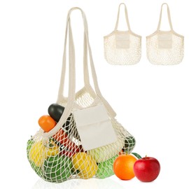 Hejo 2 PCS Grocery String Bags, Cotton Mesh Net String Bags with a Small Pocket, Reusable Mesh Bags, Portable Short Handle Net Shopping Bag for Beach Toys, Fruits, Vegetables Storage (Beige)