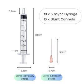 Pack of 10 x 3 ml syringe and 10 x cannula syringe set with blunt needles, various sizes: 1 ml, 3 ml, 5 ml, 10 ml, 20 ml, 30 ml, 60 ml, for hobby and DIY, individually sterile packed