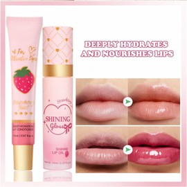 Lip Conditioner & Lip Oil Set, Strawberry Lip Gloss, Hydrating Lip Oil & Lip Balm Duo, Moisturizing Lip Care for Dry & Chapped Lips, Natural Lipgloss Set, Beauty Gift Set for Women Girls (Strawberry)