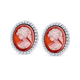 Classic Antique Vintage Style Terracotta Red White Carved Oval Framed Victorian Lady Portrait Cameo Stud Earrings For Women .925 Sterling Silver
