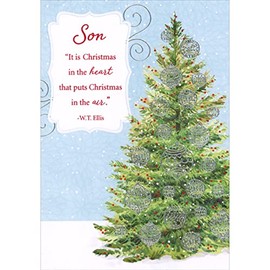 Designer Greetings Christmas in the Heart: Evergreen Tree with Silver Foil Ornaments Christmas Card for Son