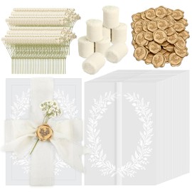 Dadoudou 50 Set Wedding Invitation Kit, Pre-Folded Vellum Jackets for 5x7 Invitations, DIY Invitation Accessories Kit with Chiffon Ribbons, Dried Flowers & Gold Wax Seal Stickers – Leaf Wreath
