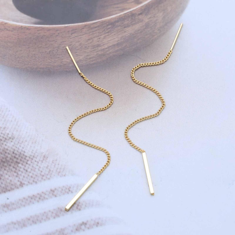 Aneneiceera Vintage Long Bar Threader Chain Earrings Gold Vertical Bar