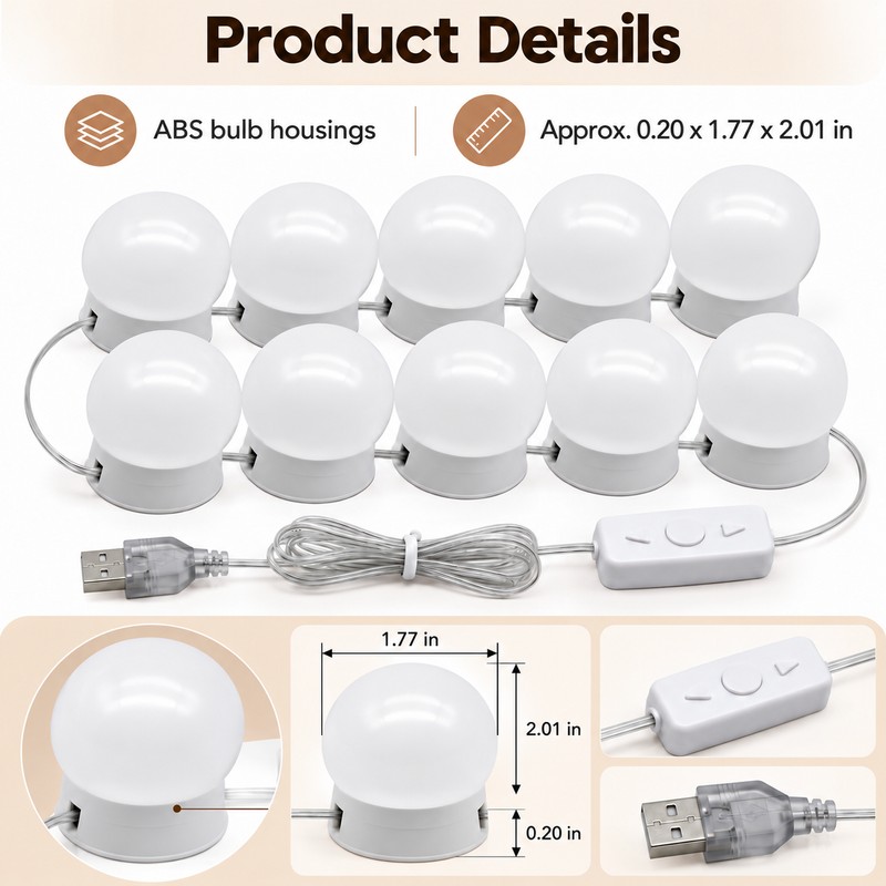 USB Vanity Mirror Lights, Stick-On LED Makeup Mirror Light Bulbs