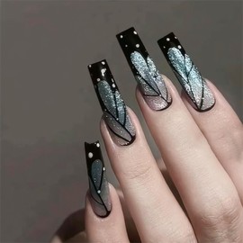 RTKHFZE Black French Tip Press On Nails Square - Press on Nails Long Cat's Eye Fake Nails with Glitter Butterfly Wings Designs Press On False Nails Full Cover Artificial Acrylic Nails for Women