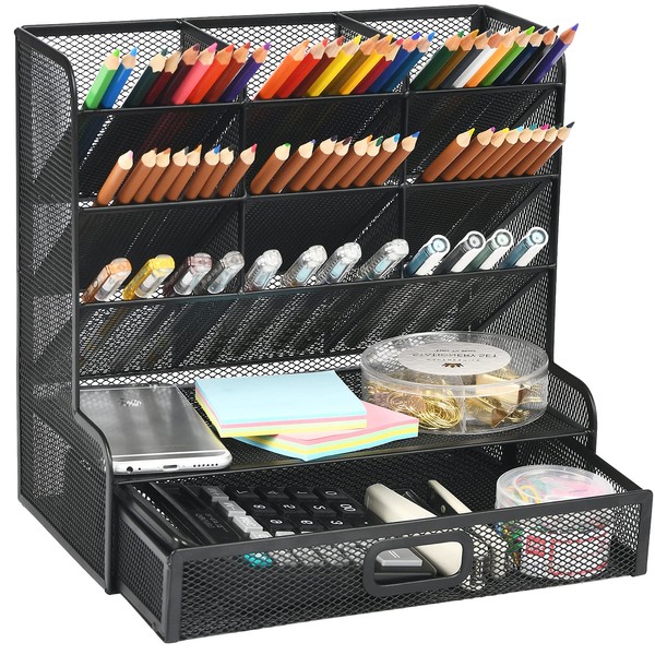Marbrasse Mesh Desk/ Desktop Stationary Organizer, Multi-Functional Pen Holder, Storage Rack for School Home Office Art Supplies (Black Mesh Pen Holder with Drawer)