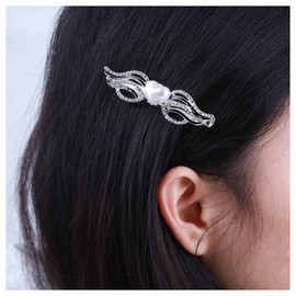 Andelaisi Vintage Crystal Wing Hair Clip Barrette Silver Angel Wing Pearl Hairpins Clips Silver Pearl Rhinestone Barrette Head Clips Bride Pearl Hairclip Decorative Headwear Crystal Wedding Headpieces