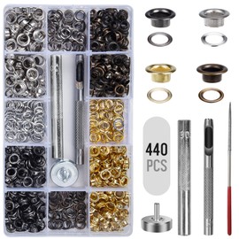 PMELCXD 5MM Grommet Tool Kit, with 440pcs Metal Brass Eyelets& Extra Grinding Rod, 4 Colors Eyelet Punch Kit, for Tarpaulins, Canvas, Leather, Fabrics