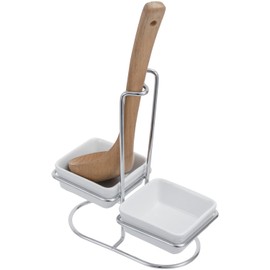 MyGift Ceramic Cooking Spoon Rest, Upright Soup Ladle Holder with 2 Square Ceramic Dish with Silver Tone Metal Rack Stand